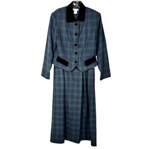 Talbots Vintage Blazer and Skirt Suit Set Tartan Plaid Velvet Pleats